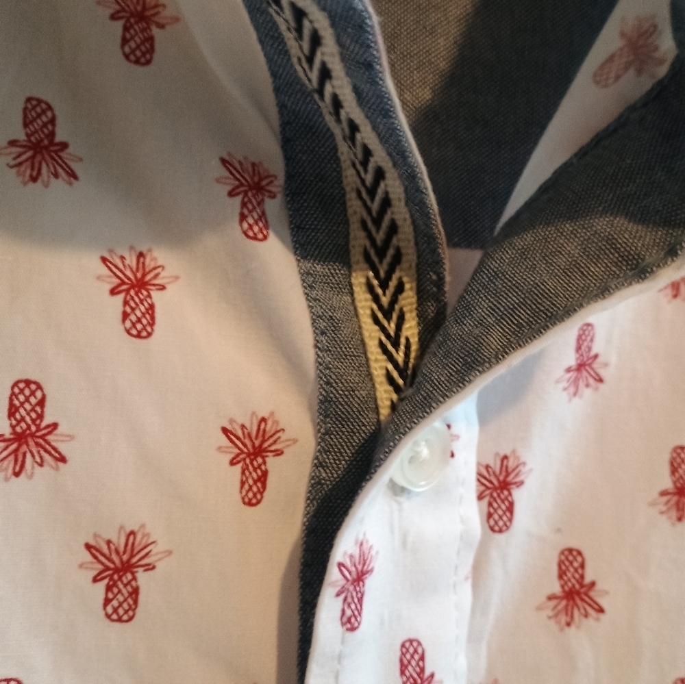 Synergy Men's 2XLT Pineapple Print Short Sleeve Button Down Shirt White Pink...